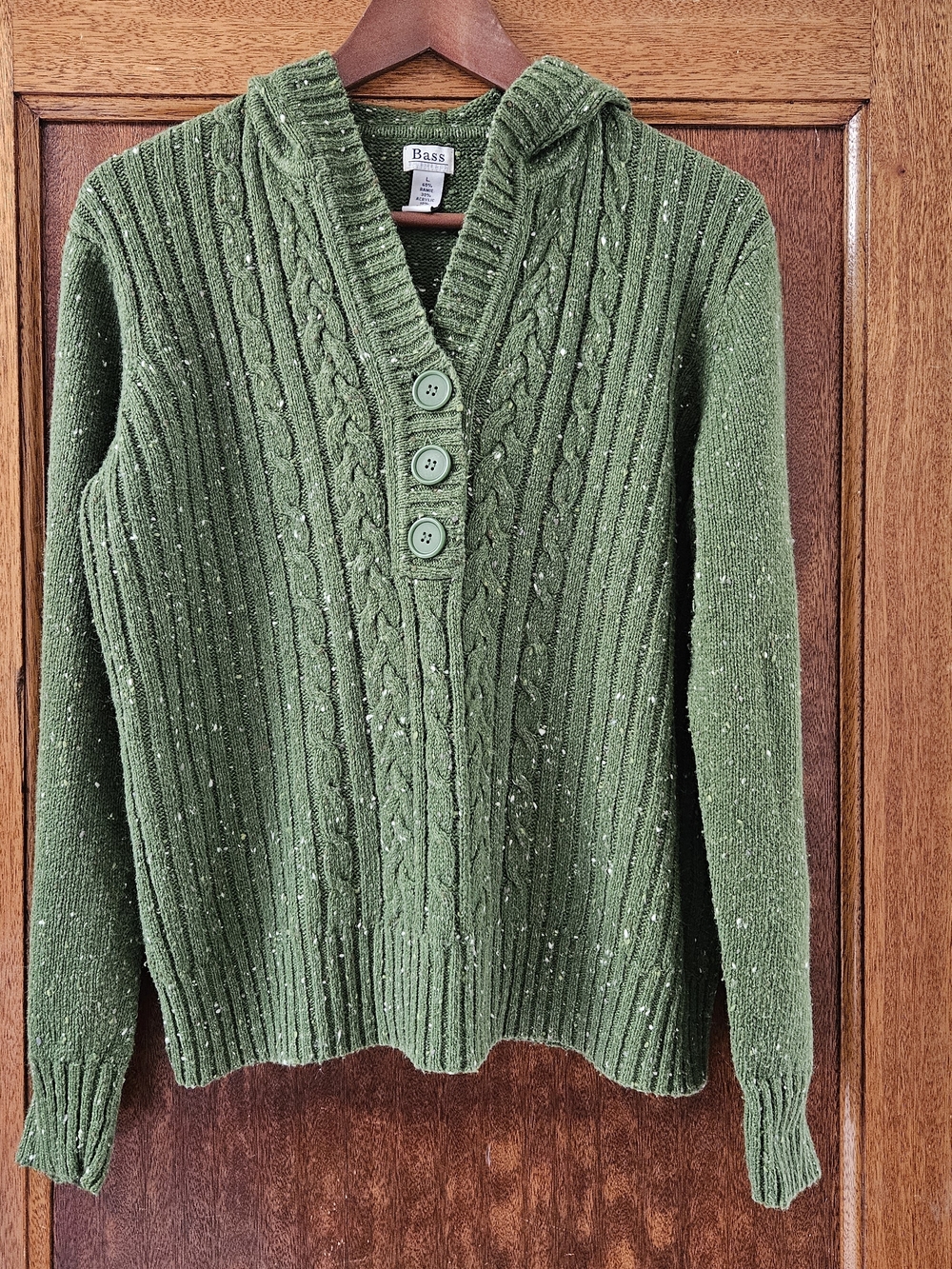 ​G.H. Bass & Co. Green Cable Knit Hooded Sweater Button V-Neck Speckled Large